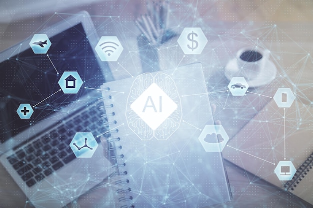 Exposición múltiple de manos de mujeres trabajando en computadora y dibujo de hologramas de datos Concepto técnico