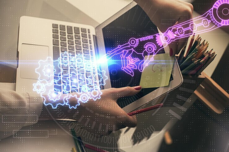 Foto exposición múltiple de manos de mujeres trabajando en computadora y tema de datos dibujo holográfico concepto técnico