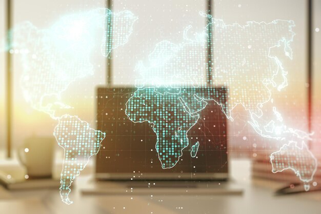 Exposición múltiple del mapa mundial gráfico abstracto sobre la conexión de fondo de la computadora y el concepto de comunicación