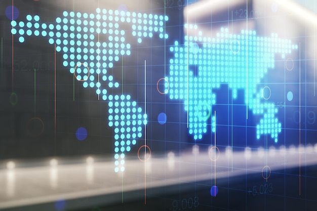 Exposición múltiple del mapa del mundo gráfico abstracto sobre el concepto de red y big data de fondo del edificio de oficinas contemporáneo borroso