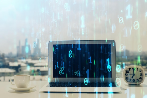 Exposición múltiple de una mesa con una computadora en el fondo y un dibujo temático de datos Concepto de innovación