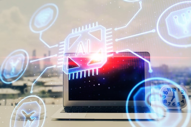 Exposición múltiple de una mesa con una computadora en el fondo y un dibujo temático de datos Concepto de innovación