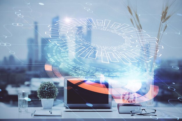 Exposición múltiple de una mesa con una computadora en el fondo y un dibujo temático de datos Concepto de innovación