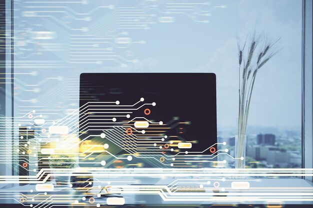 Exposición múltiple de una mesa con una computadora en el fondo y un dibujo temático de datos Concepto de innovación