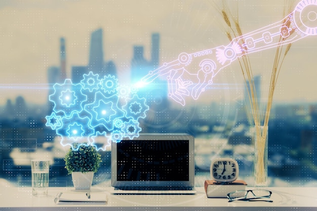 Exposición múltiple de una mesa con una computadora en el fondo y un dibujo temático de datos Concepto de innovación