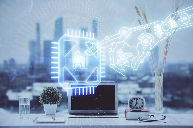 Exposición múltiple de una mesa con una computadora en el fondo y un dibujo temático de datos Concepto de innovación