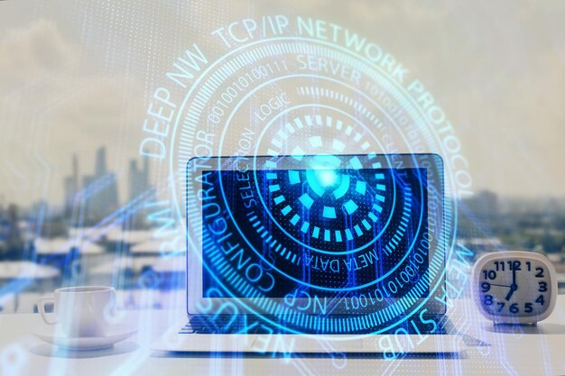 Exposición múltiple de una mesa con una computadora en el fondo y un dibujo temático de datos Concepto de innovación