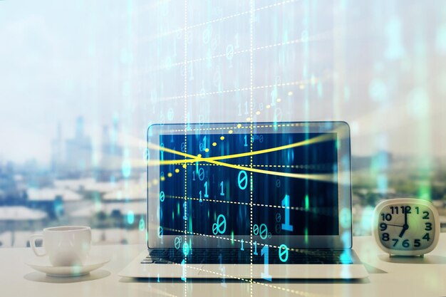 Exposición múltiple de mesa con computadora sobre fondo y dibujo de tema de datos Concepto de innovación