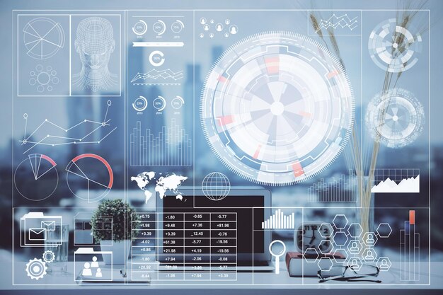 Exposición múltiple de mesa con computadora sobre fondo y dibujo de tema de datos Concepto de innovación