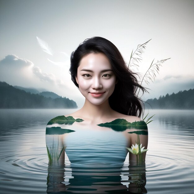 Exposición múltiple de una mujer joven transformándose en un lago y un árbol, etc.