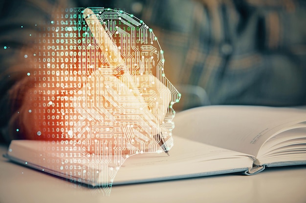 Foto exposición múltiple de mujeres escribiendo a mano en el fondo con un holograma cerebral concepto de lluvia de ideas