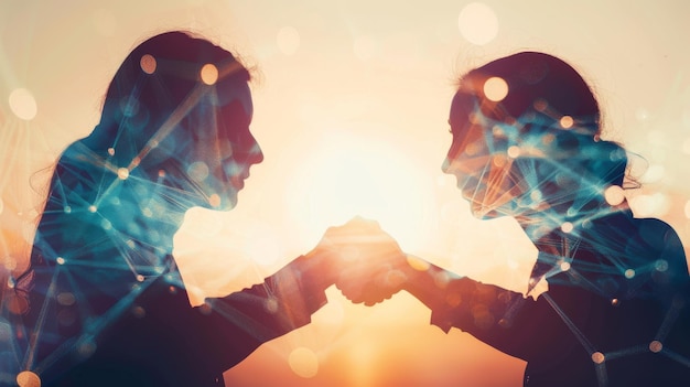 Exposición múltiple de una silueta de un hombre y una mujer las manos de ambos conectadas La imagen es una metáfora para la unidad del amor y la separación con un concepto de relación amorosa