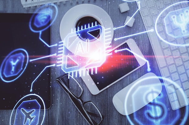 Exposición múltiple del tema de la tecnología dibujo sobre el escritorio de la mesa de trabajo vista superior concepto de análisis de datos global