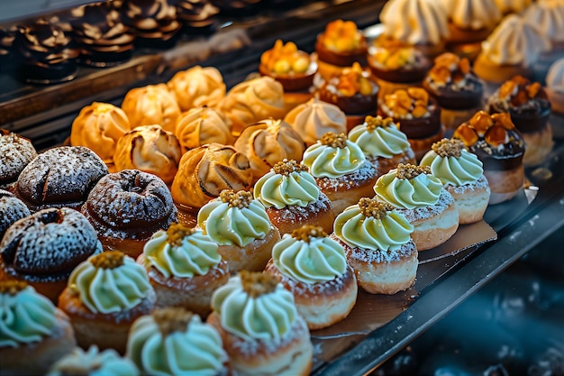 Exposición de pasteles de diferentes colores