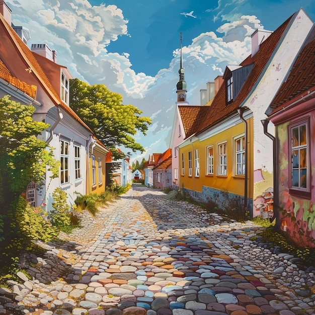 Exposición de pintura callejera de verano de Estonia Escena de la ciudad de piedra adoquinada