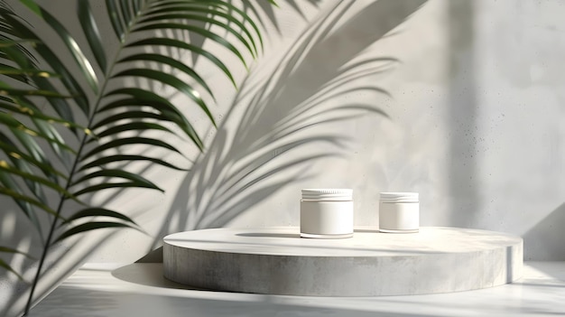Exposición de pódium de hormigón minimalista con frascos cosméticos blancos y hojas de palma tropical