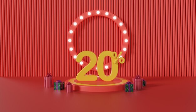 Exposición de productos de Feliz Año Nuevo con un descuento del 20 por ciento sobre fondo rojo