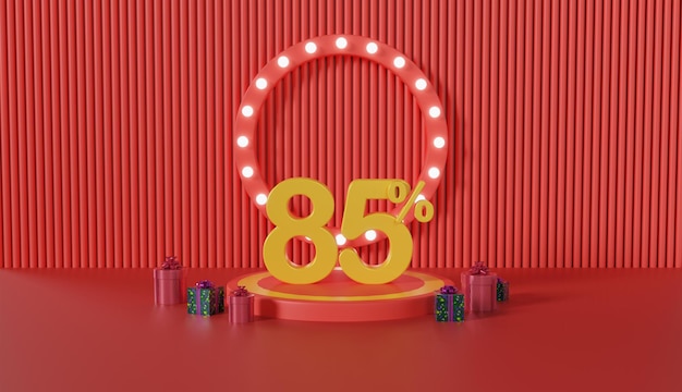 Exposición de productos de Feliz Año Nuevo con un descuento del 85 por ciento sobre fondo rojo
