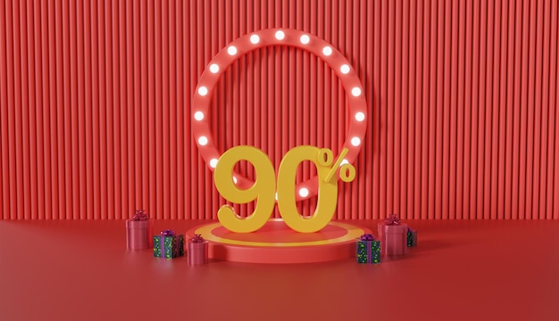 Exposición de productos de Feliz Año Nuevo con un descuento del 90 por ciento sobre fondo rojo