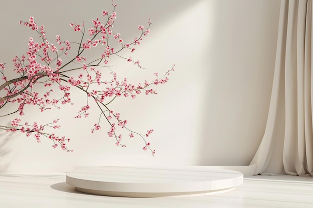 Exposición de productos minimalistas con flores de cerezo de primavera
