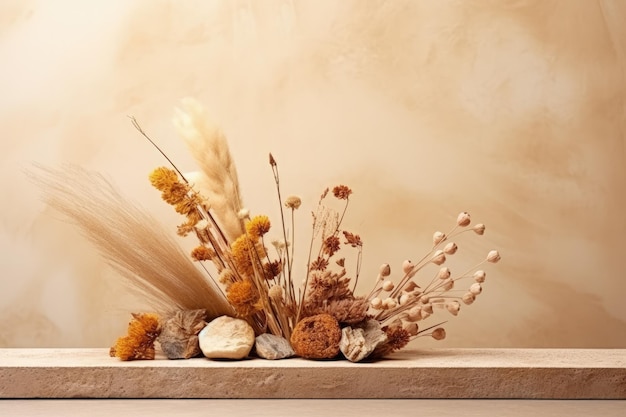 Exposición de productos con temática de otoño con flores secas y piedras sobre un fondo beige