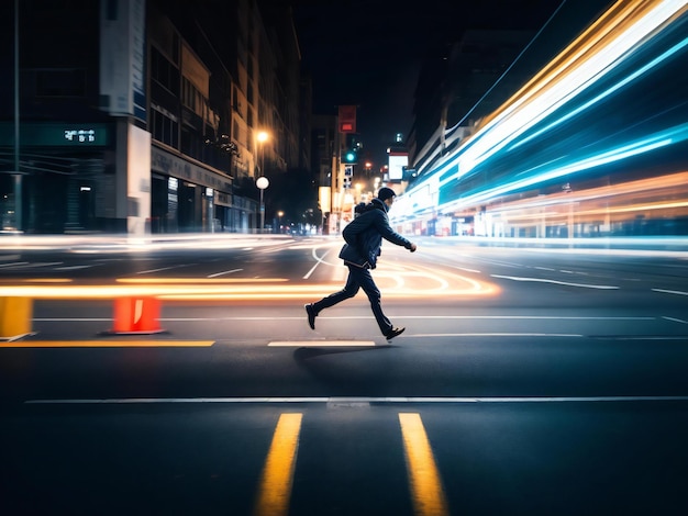 Exposición prolongada de un hombre que cruza una carretera nocturna en un tránsito urbano