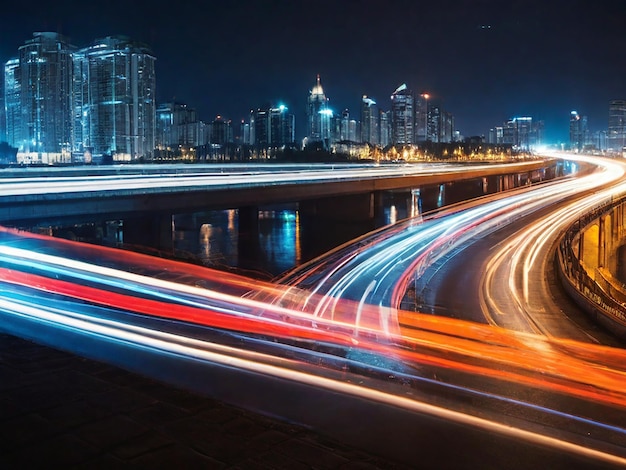 Exposición prolongada a las huellas de las luces de los automóviles en la ciudad nocturna