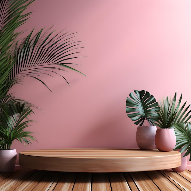 Exposición de publicidad de productos cosméticos podio de madera sobre fondo rosa generado Ai