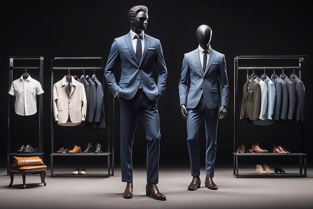 Exposición de ropa elegante minimalista para hombres en el centro comercial Shuts