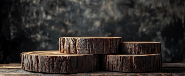 Exposición rústica de rebanadas de madera apiladas