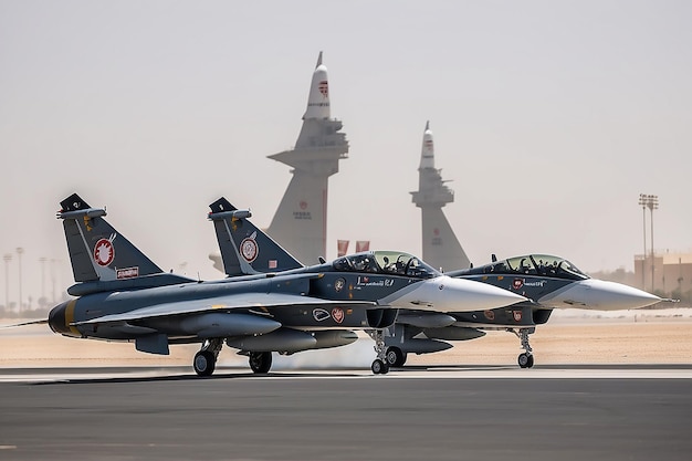 Exposición de vuelo y espectáculo acrobático del avión de combate Mirage 2000 de los Emiratos Árabes Unidos en el Salón Aéreo Internacional de Bahréin en la Base Aérea de Sakhir