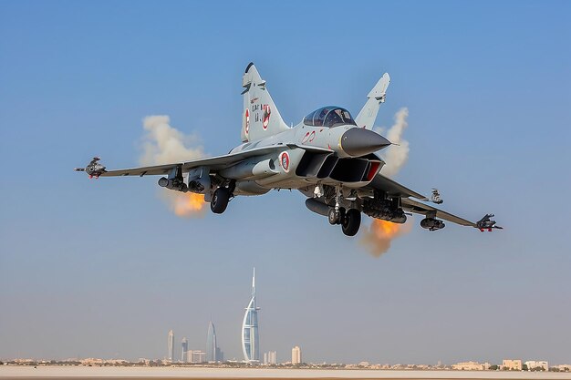 Exposición de vuelo y espectáculo acrobático del avión de combate Mirage 2000 de los Emiratos Árabes Unidos en el Salón Aéreo Internacional de Bahréin en la Base Aérea de Sakhir