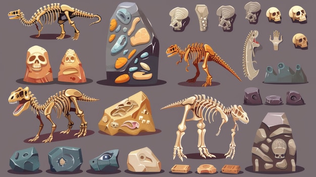 Foto exposiciones de la exposición de paleontología prehistórica del jurásico con esqueletos de dinosaurios recreados artefactos de animales y piedra colección de ilustraciones modernas de dibujos animados de artefactus de dinosaurios del