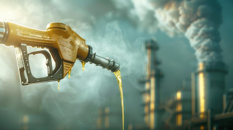 Exposiciones múltiples de la boquilla de la bomba de combustible con contaminación de fábrica y humo con espacio de copia