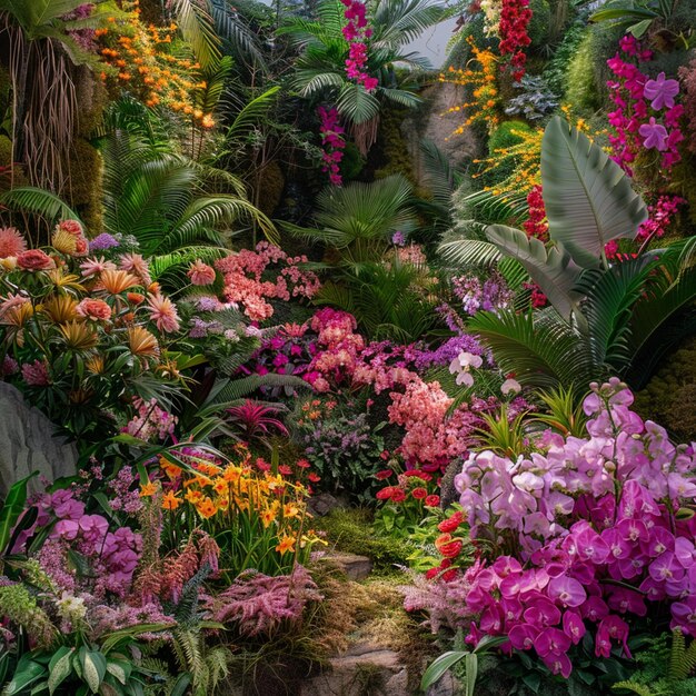 Exposições botânicas no Chelsea Flower Show Uma variedade de flores em um jardim exuberante