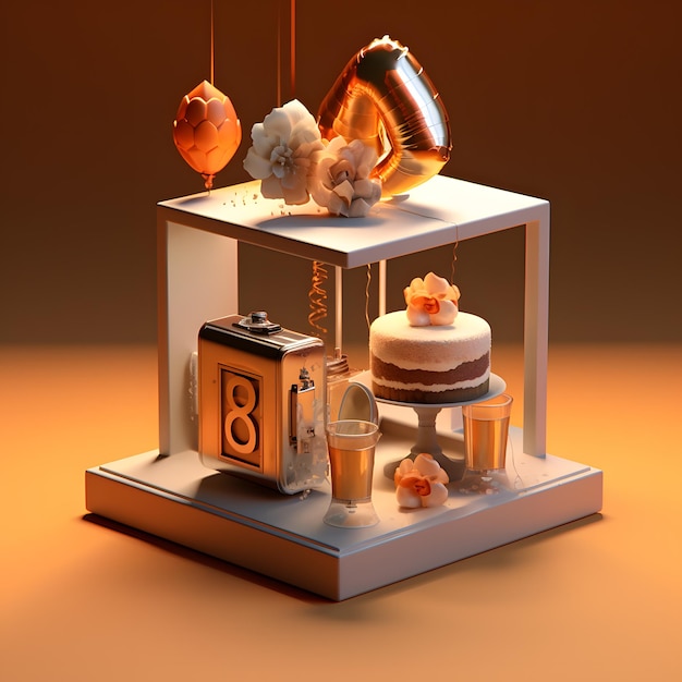 Expositor de bolos e caixa de vidro com caixa dourada em cima.