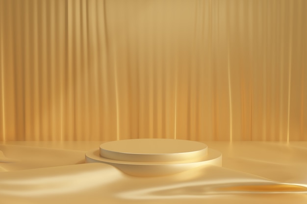 Expositor de cosméticos, pódio de ouro com cortina e piso de tecido dourado em fundo escuro. ilustração de renderização 3d