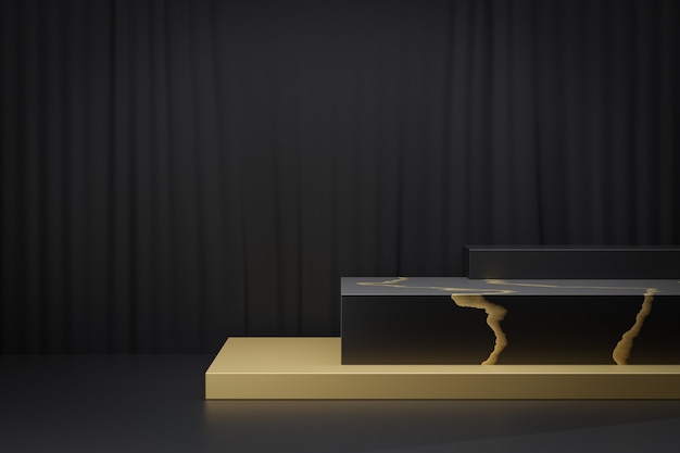 Expositor de produtos cosméticos, pódio de bloco de ouro preto de três mármore em fundo preto. Ilustração de renderização 3D
