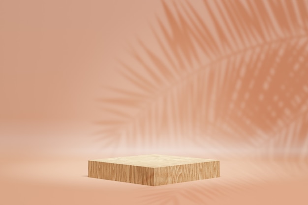 Expositor de produtos cosméticos. Pódio do bloco de madeira em fundo laranja pastel com sombra de folha de palmeira. Ilustração de renderização 3D