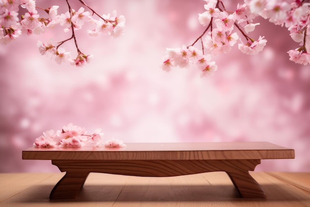 Expositor de produtos de tampo de mesa de madeira com fundo de flor de cerejeira Cenário sofisticado e sofisticado para produtos de exibição