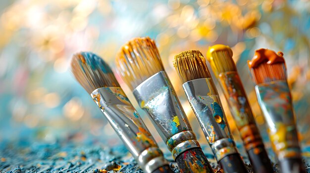 Foto expresión artística pinceles y colores en una paleta de pintor