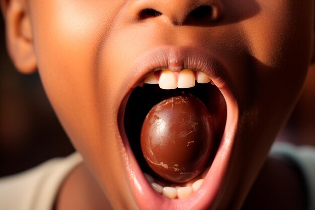 Expresión de deleite primer plano de un niño saboreando un generoso trozo de chocolate