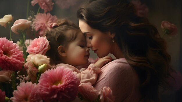 Foto expresión emocional feliz de una madre y una hija con algunas flores