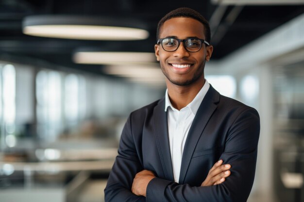 expresión feliz de un joven en una empresa minimalista moderna generada por ai