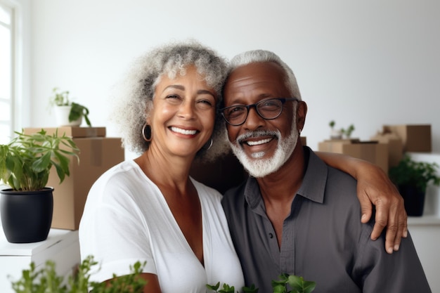 expresión feliz de pareja mayor en nuevo hogar generado por ai