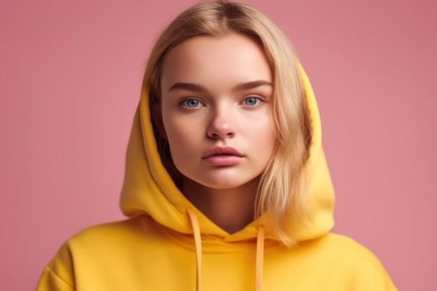 Expresión linda de la cara de la mujer rubia bonita joven que presenta en sudadera con capucha amarilla en fondo rosado brillante aislado emocional divertido