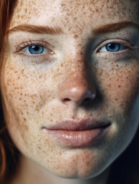 Foto expresión de la mujer retrato de la cara modelo de piel belleza joven primer plano blanco pecas ia generativa