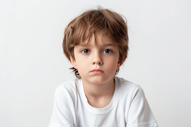 Foto expresión de un niño aburrido sobre un fondo blanco