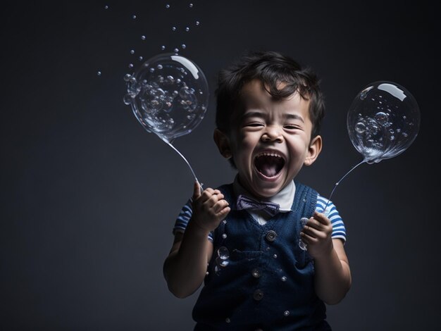 La expresión de pura alegría de un niño pequeño mientras juega con burbujas.