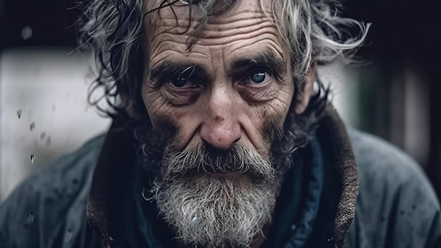 Expresiones de desolación de cerca en la cara de un anciano sin hogar